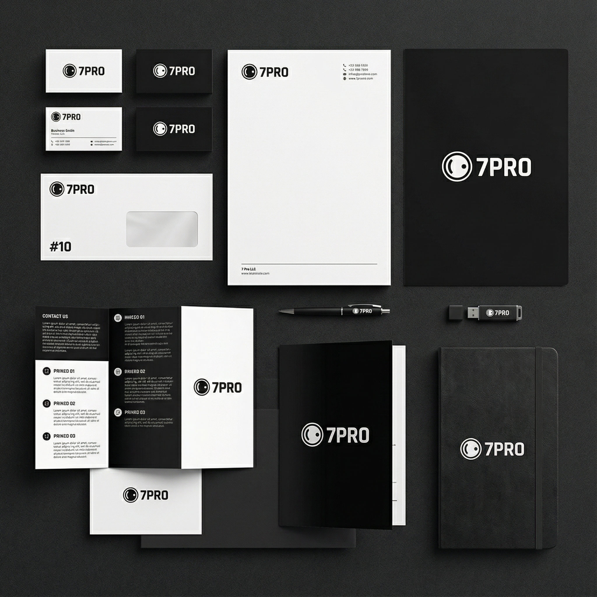 Complete 7PRO LLC brand identity set showing all corporate materials together including stationery, business cards, uniforms, promotional items, and marketing materials