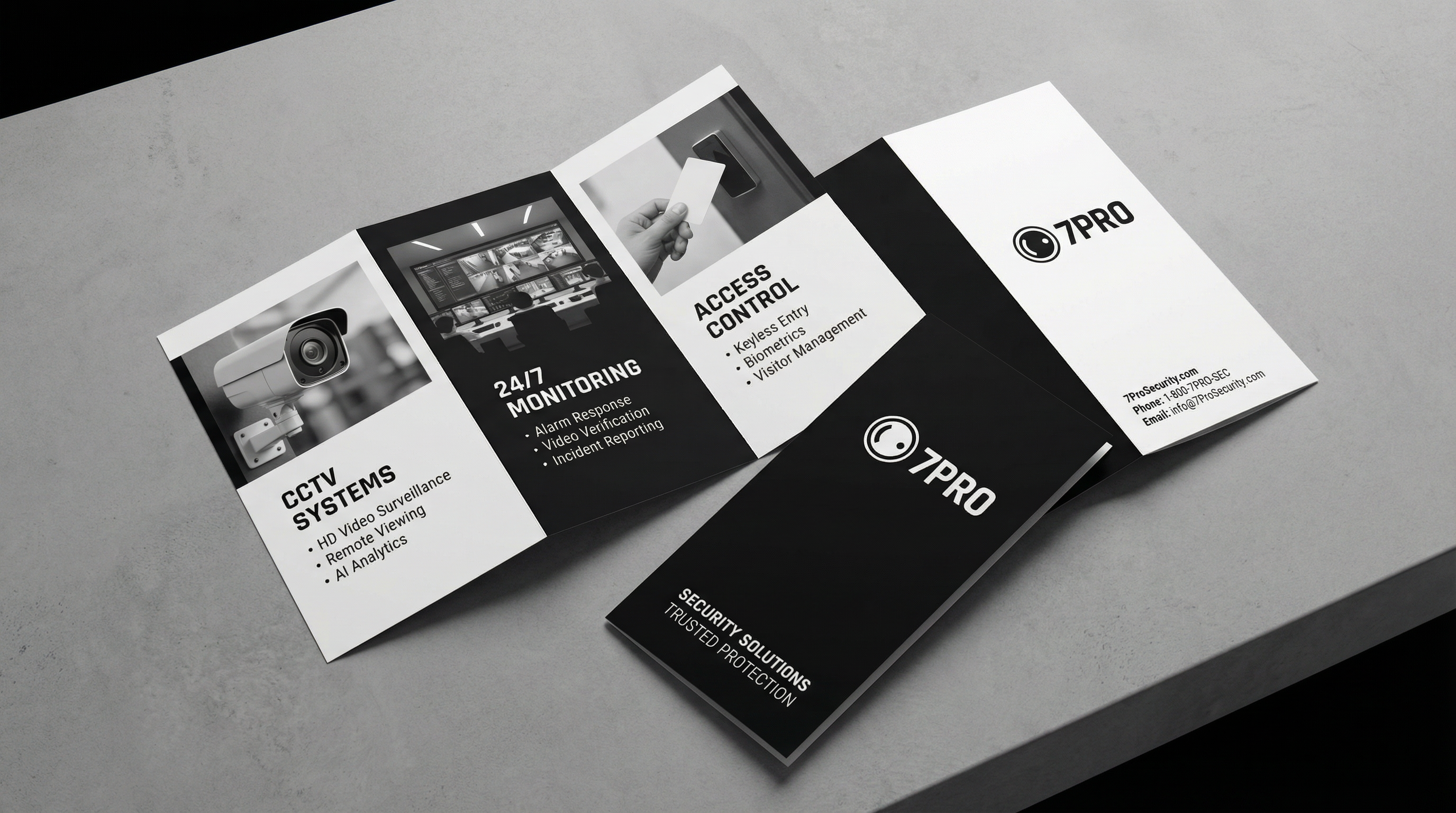 7PRO LLC tri-fold marketing brochure with information about CCTV systems, 24/7 monitoring, and access control services