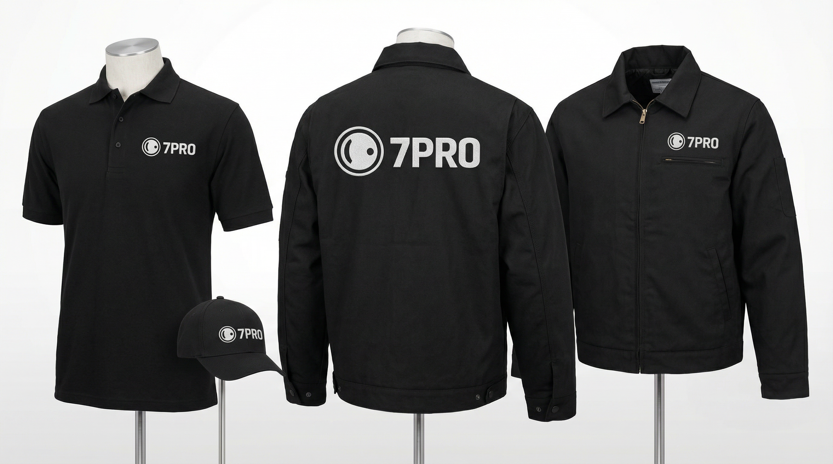 7PRO LLC work uniforms collection including polo shirt, jacket, and cap in black with embroidered white logo